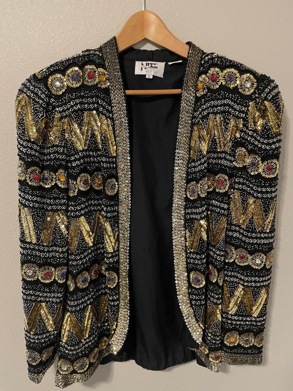 Vintage Nite Line Jacket Open Front Womens Large Silk Beaded Party Artsy 80s